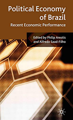 Cover of the book 'Political Economy of Brazil: recent economic performance' edited by Philip Arestis and Alfredo Saad-Filho featuring brown hexagonal geometric pattern
